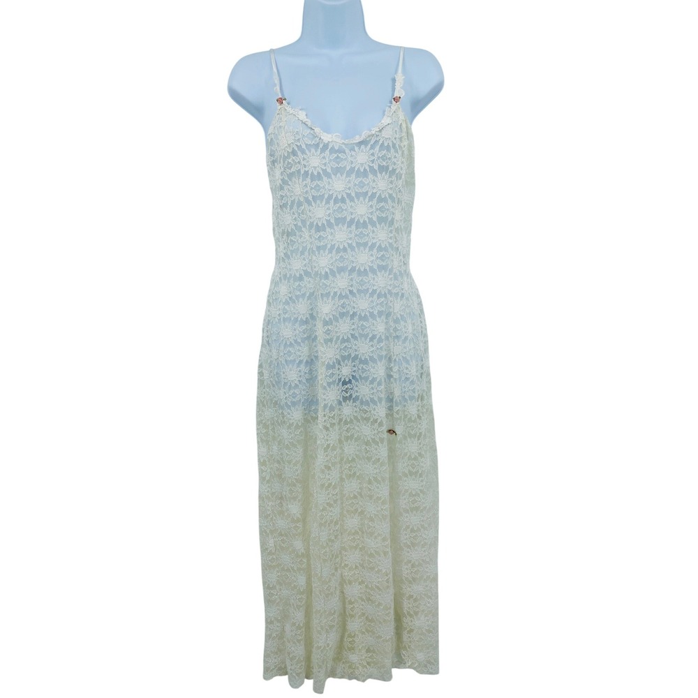 California Dynasty Nightgown Small Ivory Floral Lace Maxi Sheer Rosette